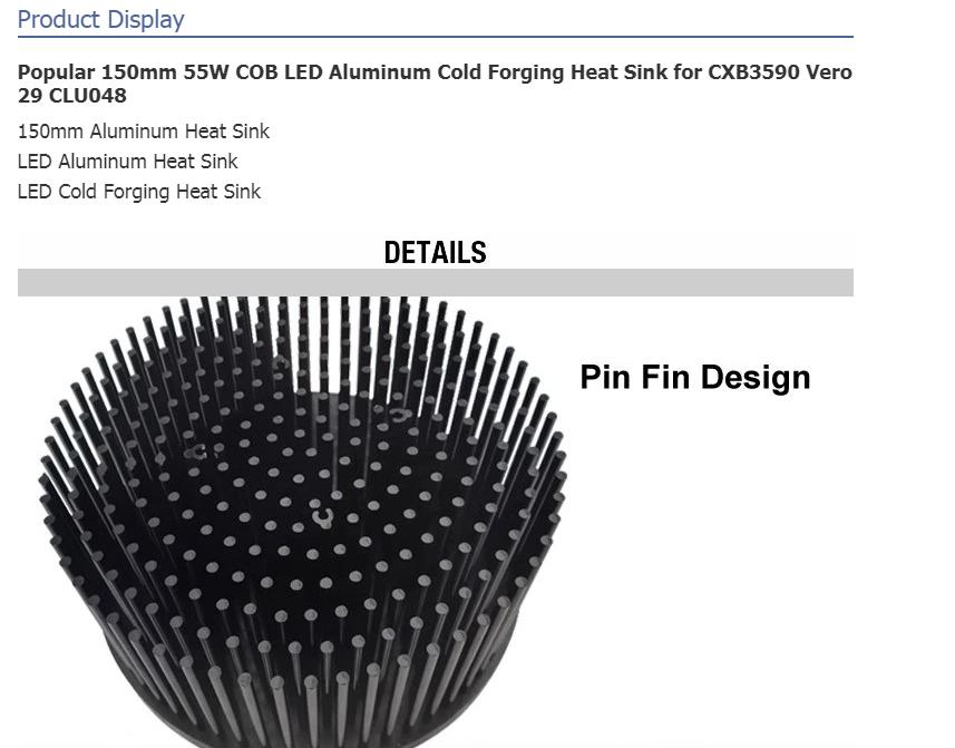 Popular 150mm 55W COB LED Aluminum Cold Forging Heat Sink for CXB3590 Vero 29 CLU048